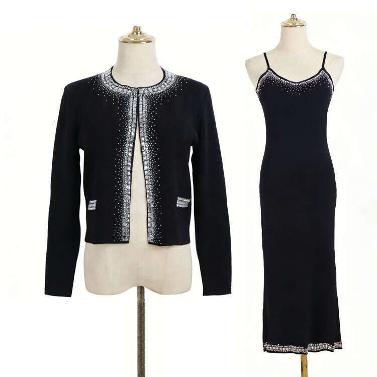 Spring new designer knitted round neck rhinestone long sleeved k30 cardigan and camisole long skirt elegant style