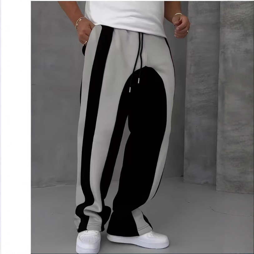 autumn and winter white striped sweatpants, loose printed wide-leg pants, men's straight-leg sports pants, versatile casual trousers