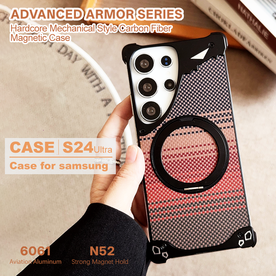 Mechanical Armor Case for Samsung S24 Ultra Aviation Aluminum Bumper N52 Strong Magnetic MagSafe Cover with Sunset Carbon Fiber Back & 360 Ring Stand