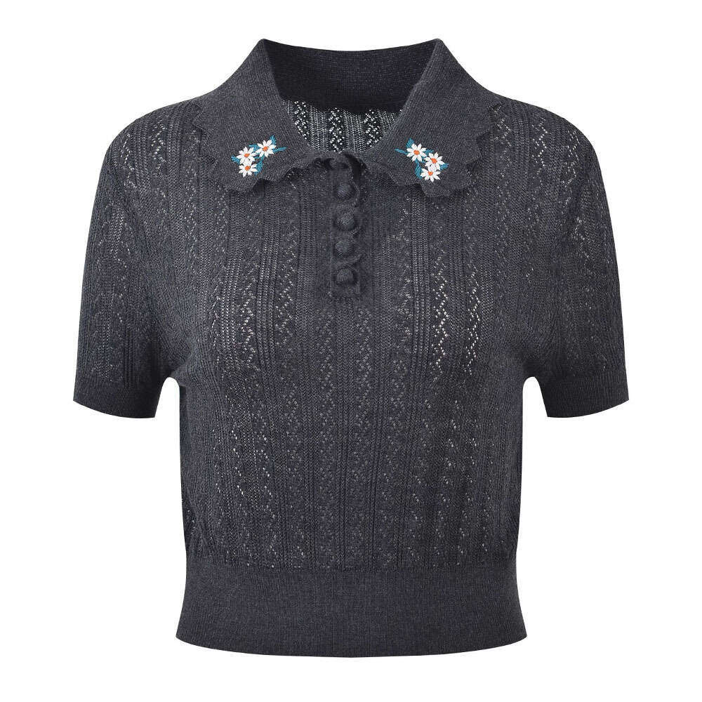 2026 autumn new French retro collar embroidered flower k30 slim knit pullover suitable for women
