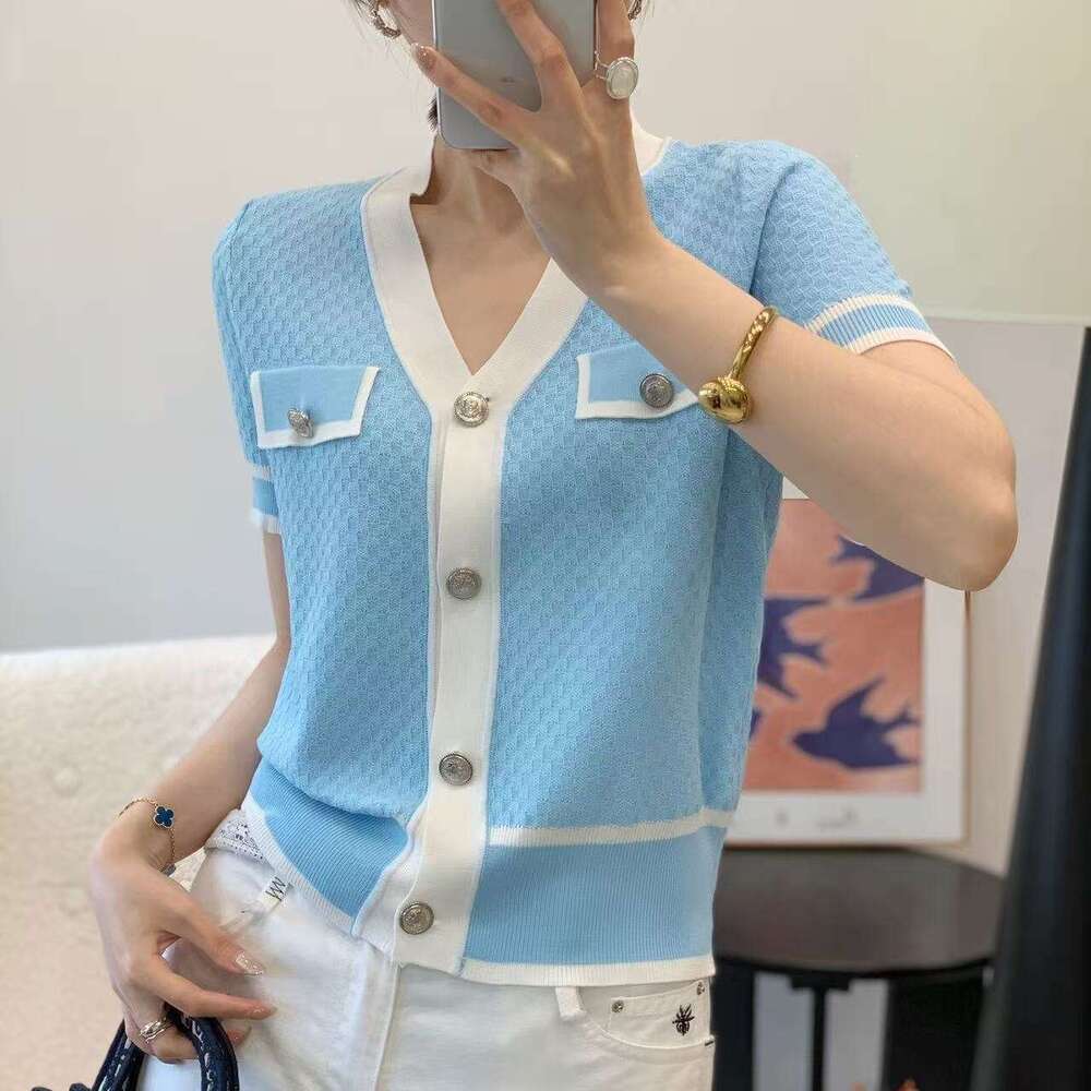 2026 summer new designer simple multifunctional V-neck single breasted color k30 blocking splicing slim knit cardigan top