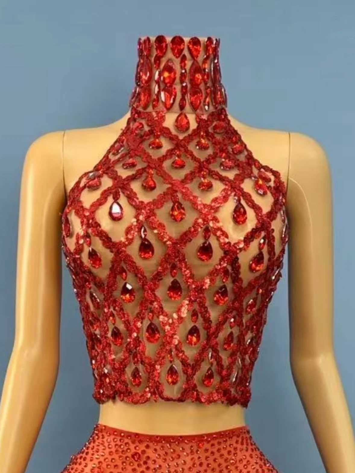 Sparkly Gold Rhinestone Mesh Tops Women Sexy See Through Evening Party Birthday Wear Nightclub Stage Performance Costume X260401