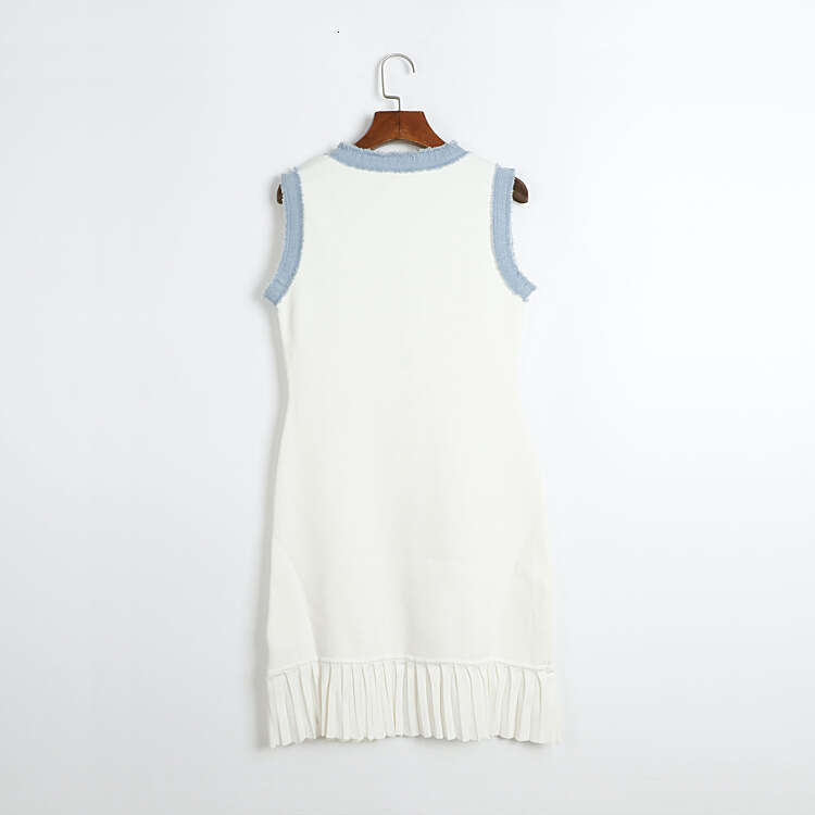 Summer new small fragrant k30 round neck color blocked tassel denim border sleeveless pleated skirt vest