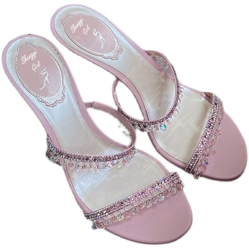Summer Sexy Women Heel Rhinestone High Heels Open Toe Backless Slippers Fairy Style 260325