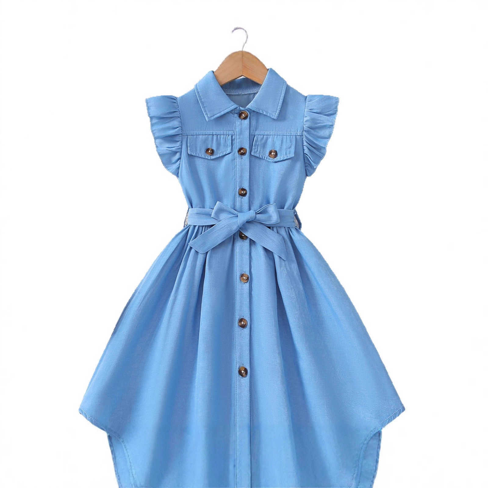 Girl's Dresses Girl's Dresses Girls' summer dress with a turn-down collar ruffle sleeves waist-cinching belt single-breasted buttons st