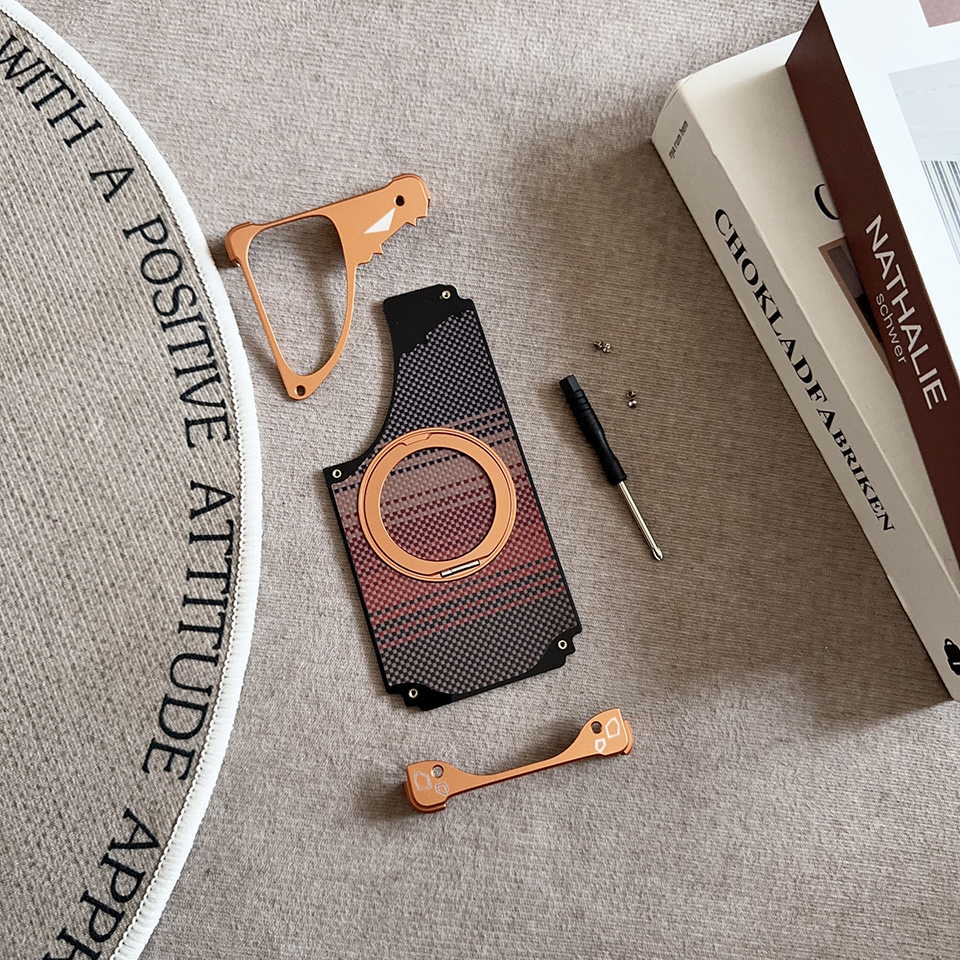 Mechanical Armor Case for Samsung S24 Ultra Aviation Aluminum Bumper N52 Strong Magnetic MagSafe Cover with Sunset Carbon Fiber Back & 360 Ring Stand