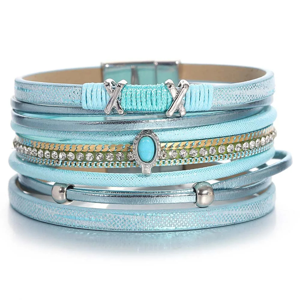 Amorcome Bohemian Multilayer Wrap Leather Bracelet for Women Men Blue Stone Rhinestone Chain Charm Bracelet Party Summer Jewelry 260318BJ