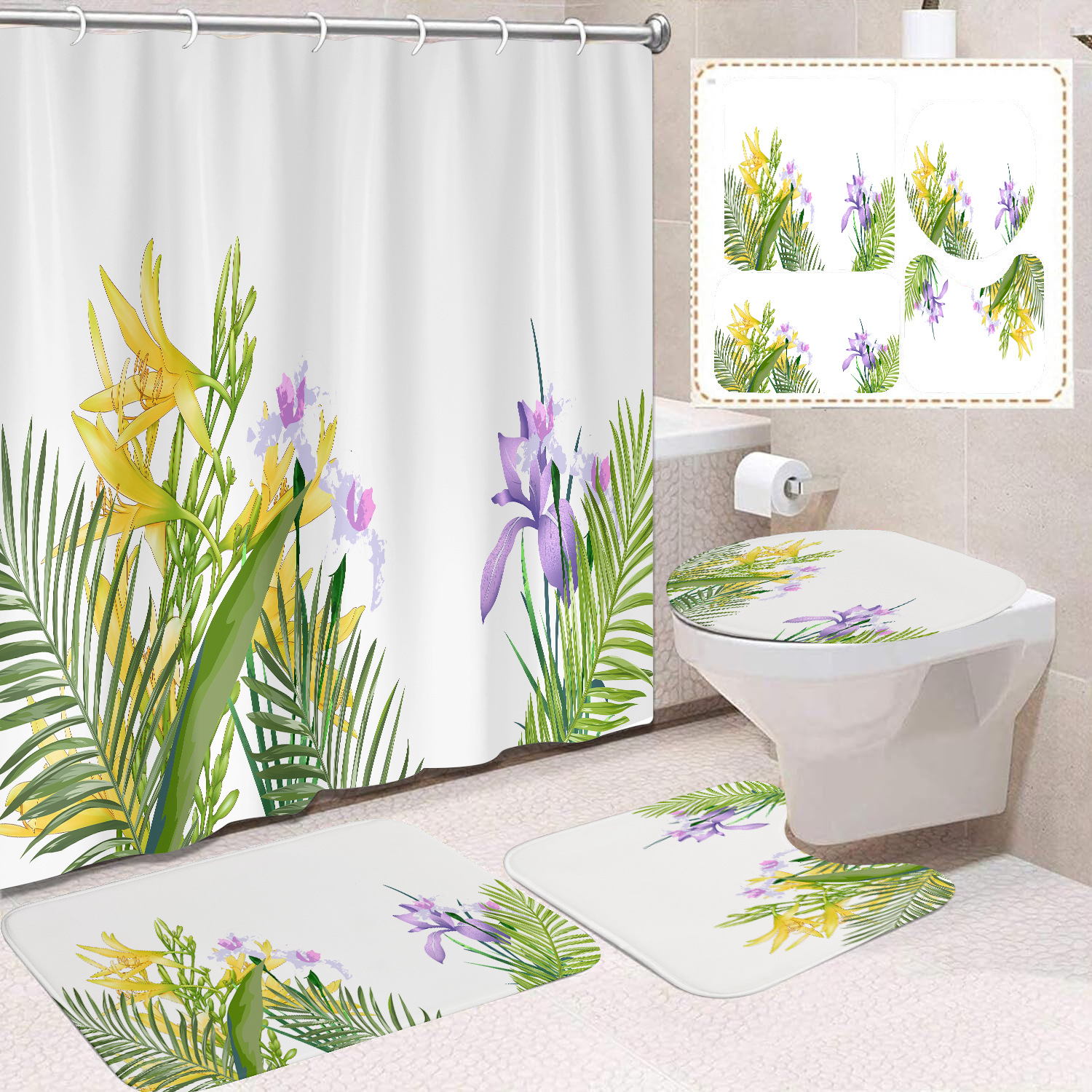 YL-38422 Floral Shower Curtain and Mat Set (4 Pieces) - Bathroom Dry and Wet Separation, Toilet Isolation Curtain, Modern Minimalist Style