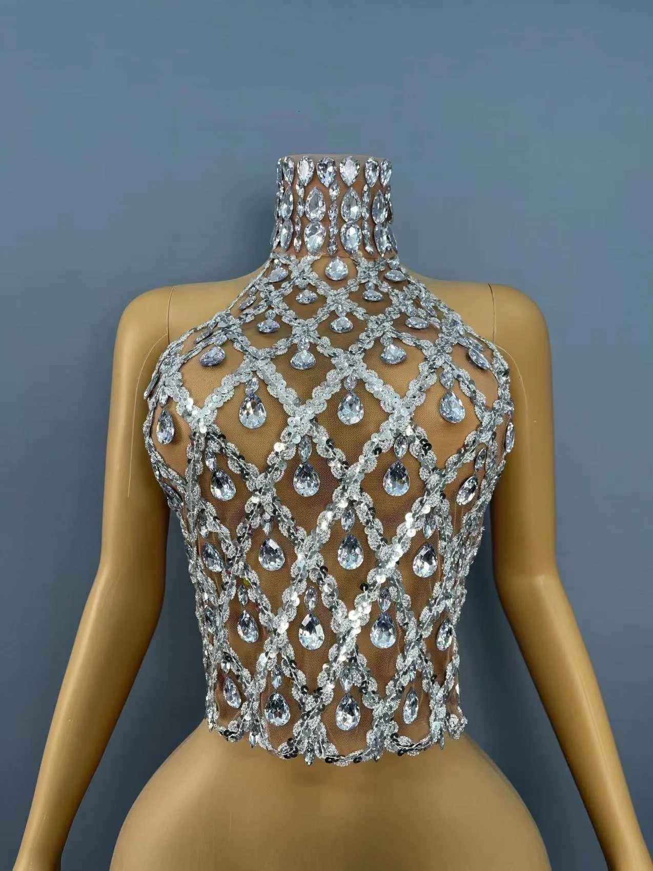 Sparkly Gold Rhinestone Mesh Tops Women Sexy See Through Evening Party Birthday Wear Nightclub Stage Performance Costume X260401