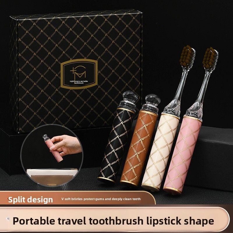 Toothbrush High End Luxury Lipstick Style Soft Bristles Gold Plated Wide Head Printed Stripe Plaid Pattern Portable Travel Family 4 Piece Gift Set