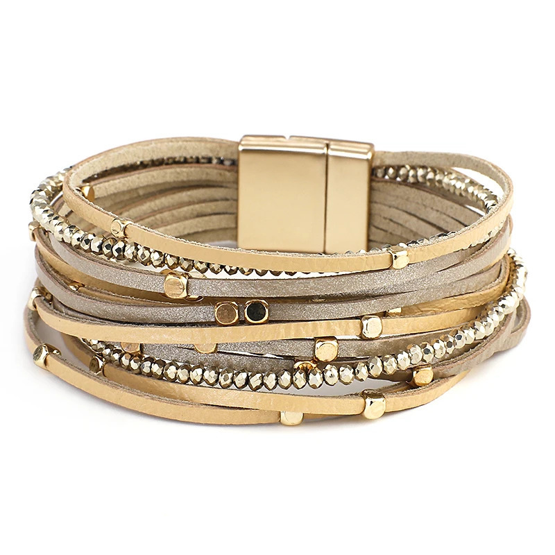 Amorcome Metal Beads Charm Genuine Leather Bracelets for Women Bohemian Multilayer Wide Wrap Bracelets Bangles Femme Jewelry 260318BJ
