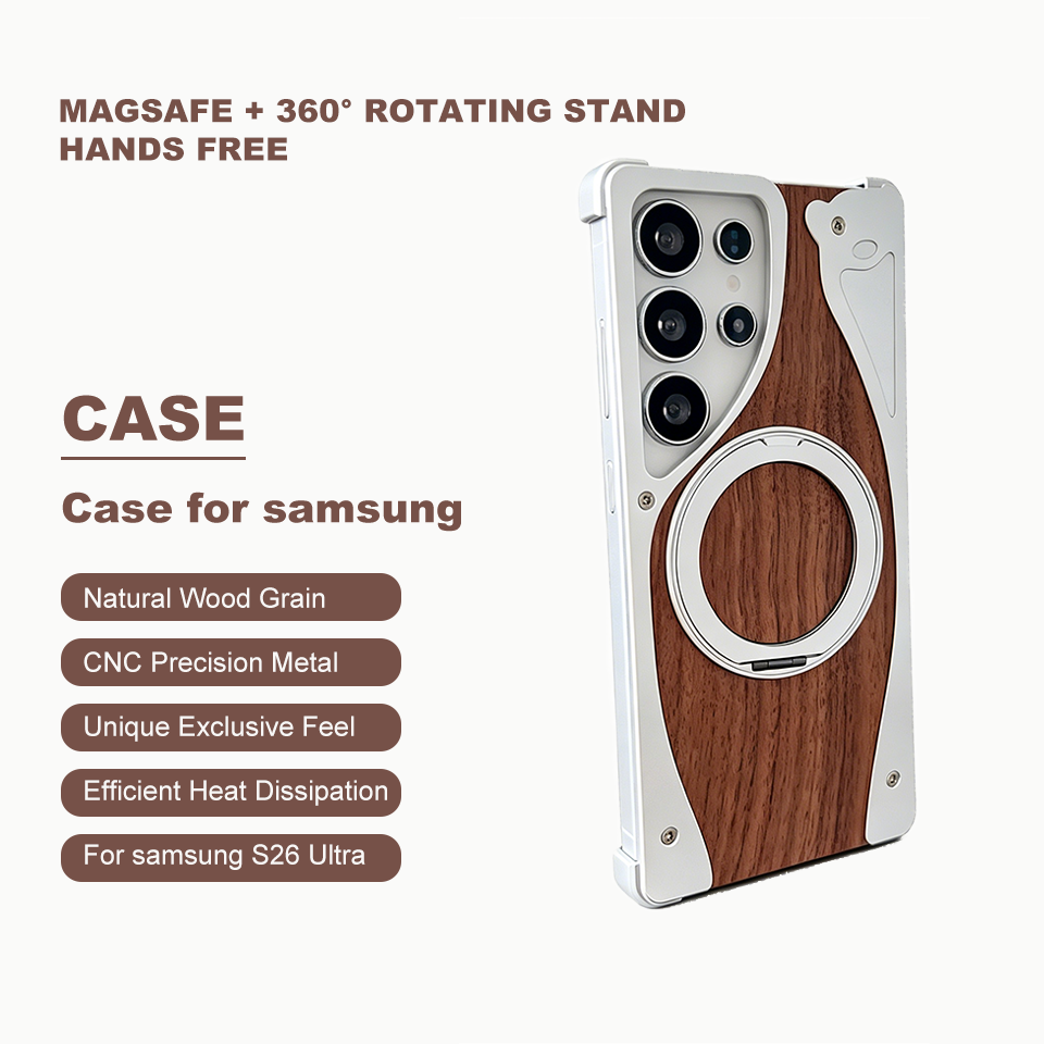 Compatible with Samsung S23 Ultra - Solid Wood Grain Borderless Case with 360° Rotating Magnetic Stand,Walnut + Aluminum Alloy Mobile Phone Case Semi-