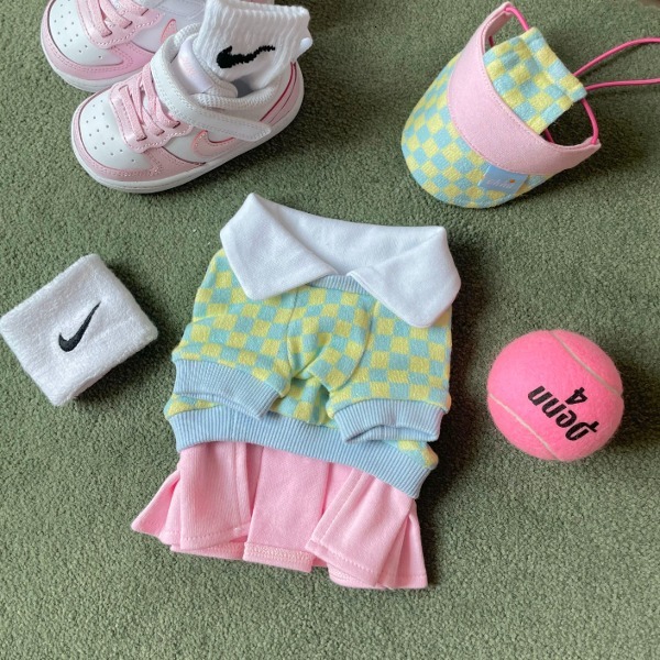 Pet Clothing Ins Style Autumn Winter Korean Tennis Prince Series Hat Color Blocked Checkered Skirt T Shirt Warm Apparel For Dogs