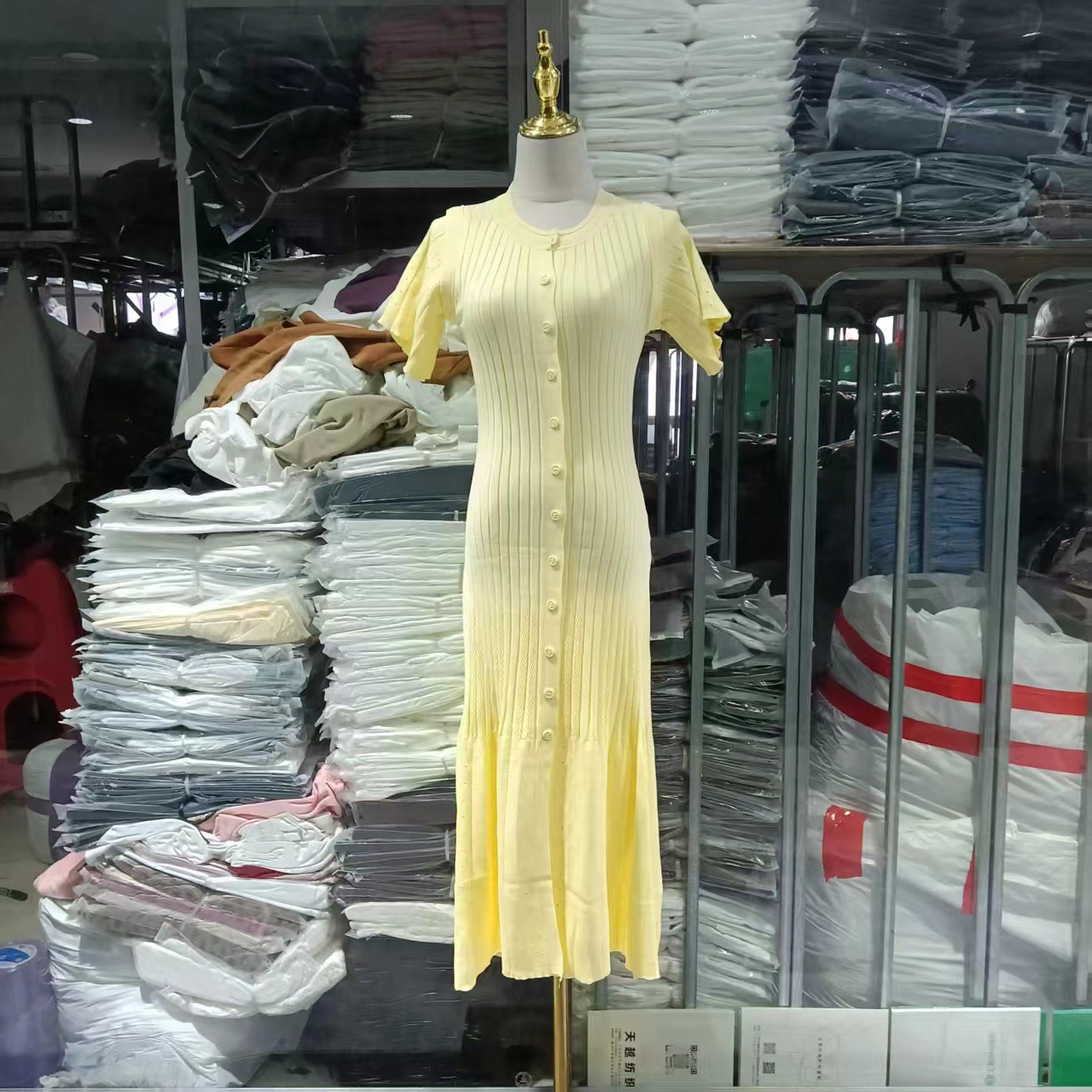 Casual Dresses Women Elegant Knitted Long Dress O Neck Solid Short Sleeved Button High Waist Split Female Fashion Gown