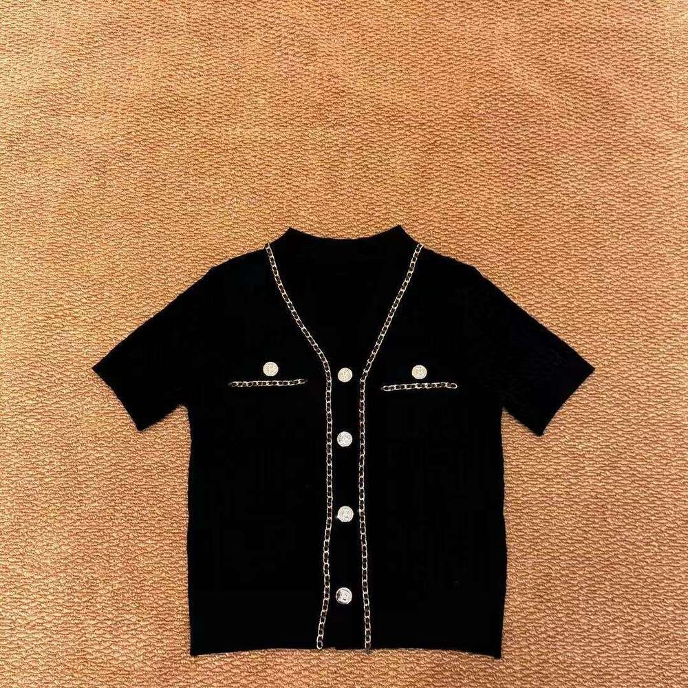 k30 2026 Spring/Summer New Designer Xiaoxiangfeng Inspiration Chain Decoration V-neck Short Sleeve Knitted Cardigan Fashion Versatile Short Top