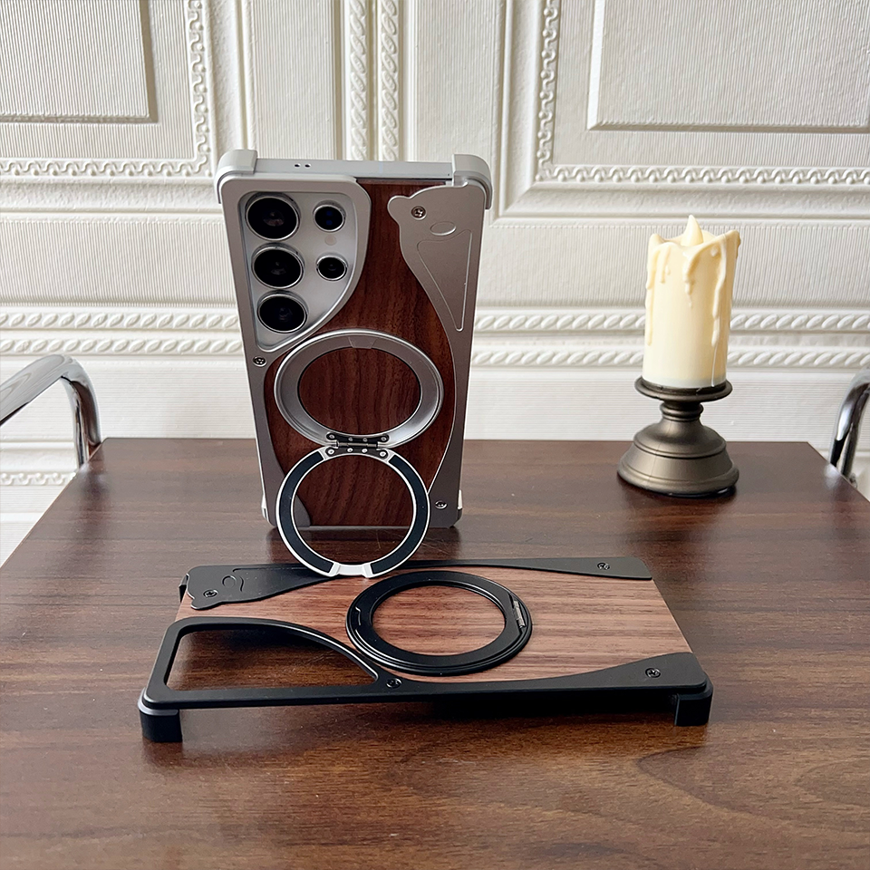 Walnut Aluminum Phone Case for Samsung S24 Ultra,Magnetic Stand, Metal Semi-wrapped style & Drop-Proof Cover