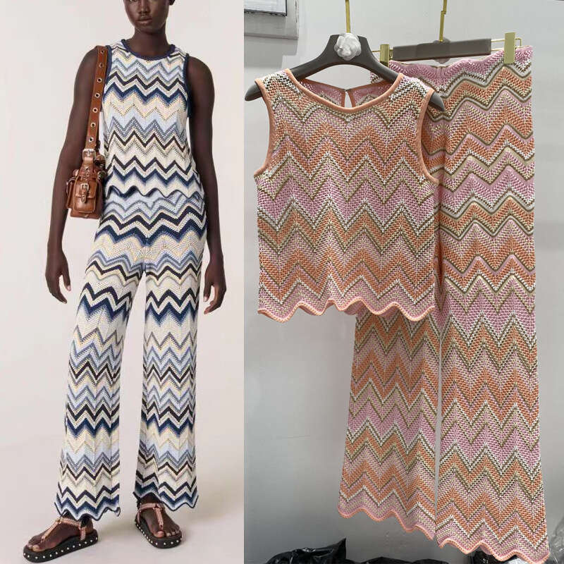 Designer's high-end color block wave pattern sexy niche color stripe thin k30 casual pants+vest ice silk two-piece set