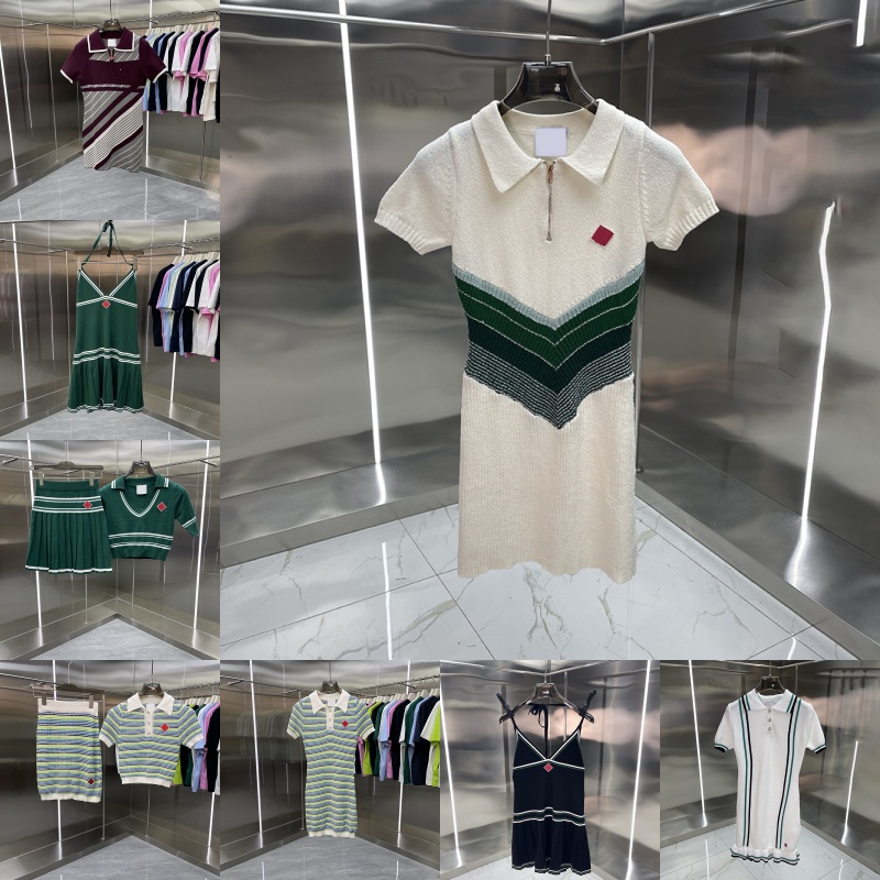 Luxury Color Block V Neck Knitted Dress for Women Designer Sweater Jumper Tops Tennis Skirt Summer Vacation Street Style Birthday Knitwear