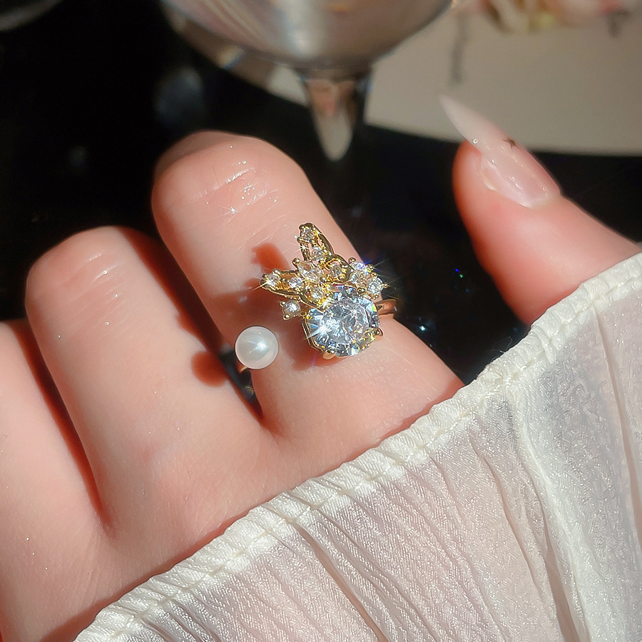 French-style exquisite zircon butterfly round pearl open niche high-end fashion ring, stylish and elegant women's jewelry - view 4