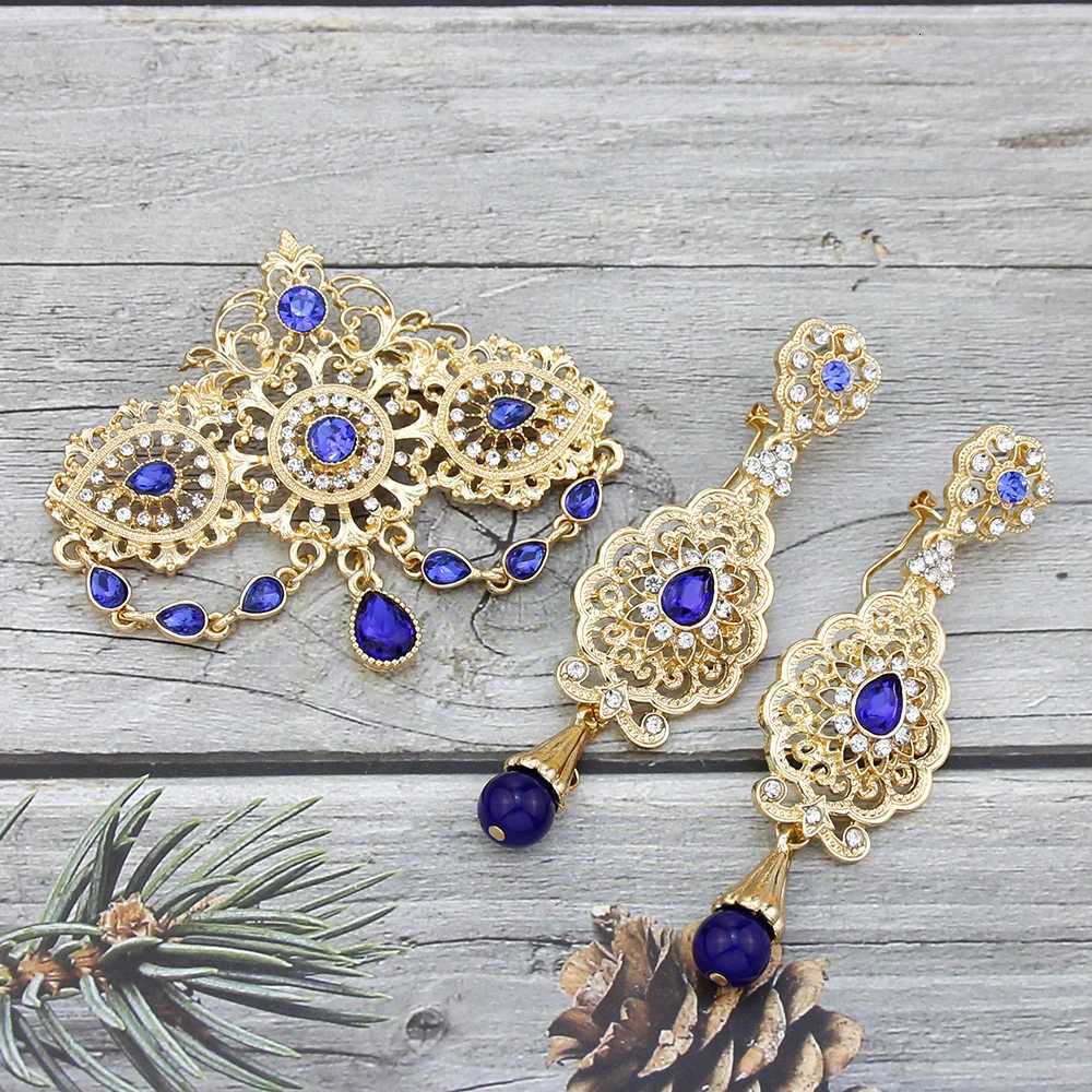 Gold Color Morocco Caftan Brooch Pins Long Drop Earring Blue Crystal Bride Jewelry Set for Women Arabic Flower Bijoux Z260401