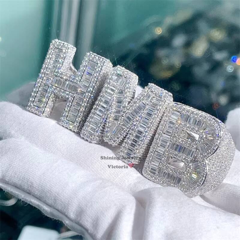 Best Selling Classic Round Mix Baguette Moissanite Diamond Custom Letter Initial Ring