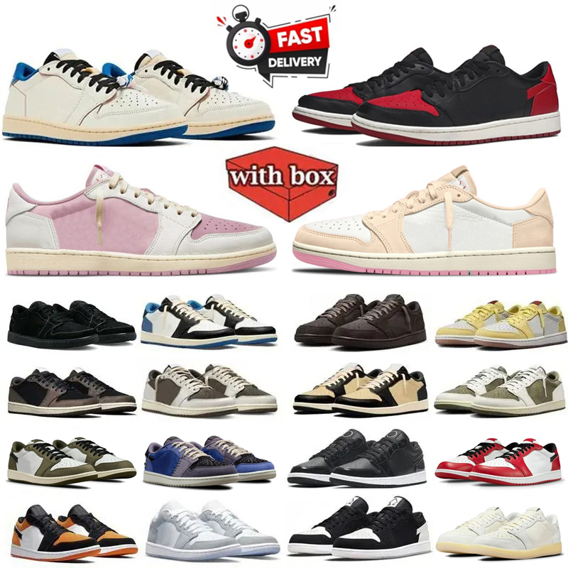 With Box Designer 1 1s low Basketball Shoes Banned Muslin Shy Pink Tropical Pink Fragment Medium Olive Chicago Dark Mocha Canary Sail Men Women trainers Sneakers 36-47
