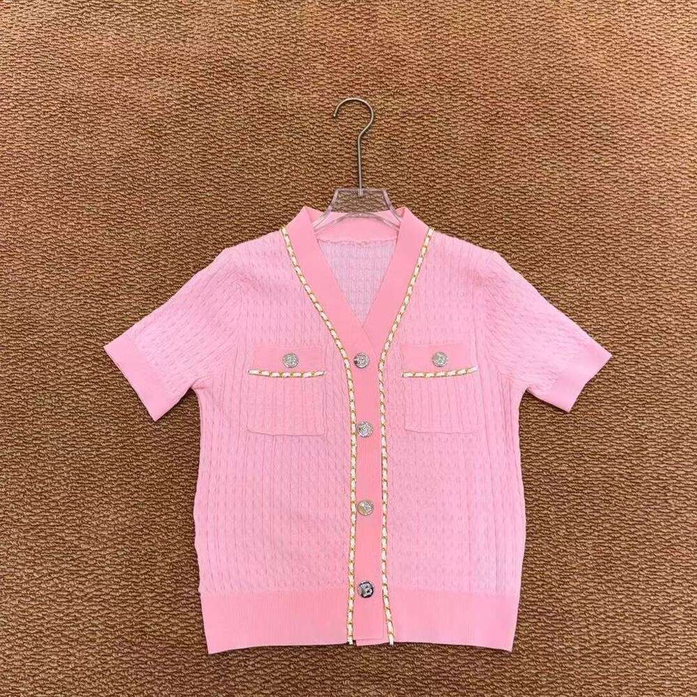 k30 2026 Spring/Summer New Designer Xiaoxiangfeng Inspiration Chain Decoration V-neck Short Sleeve Knitted Cardigan Fashion Versatile Short Top