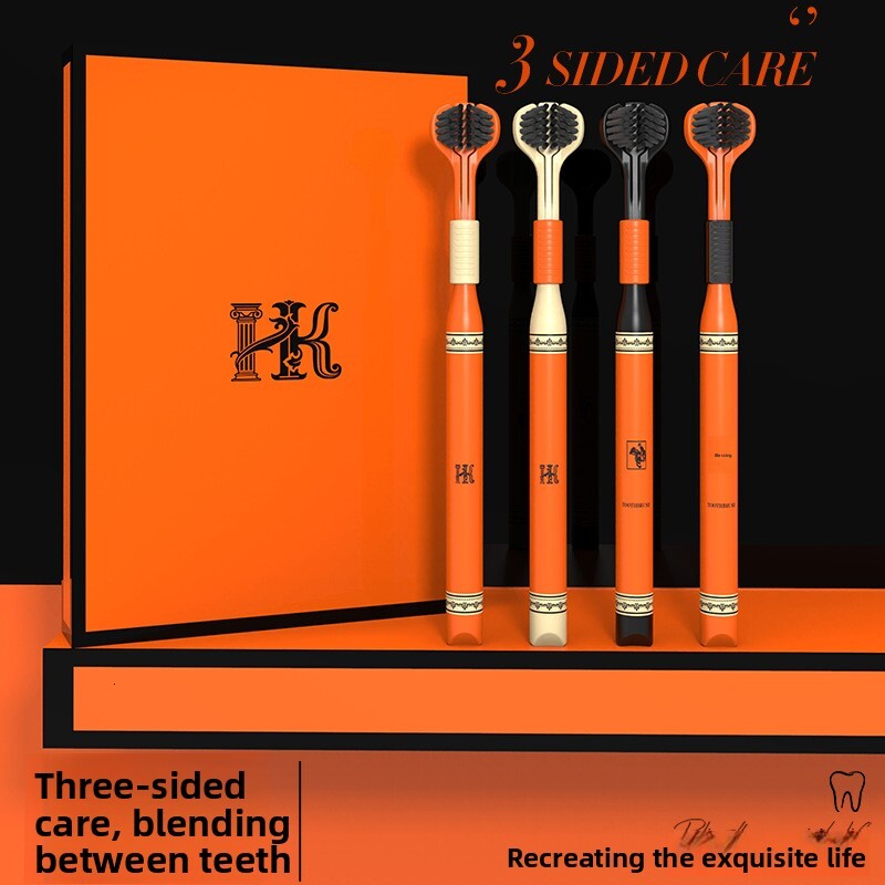 Toothbrush Three Sided Wrap Around Black High End Household Portable Gum Protecting Tongue Cleaning Wide Head Soft Toothbrush Gift Box