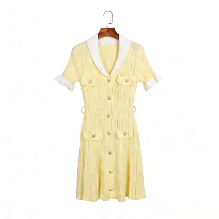 Summer new designer knitted contrasting collar, pleated cuffs, single breasted waistband, k30 fresh and elegant women's dress