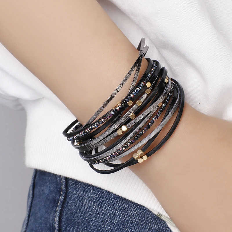 Amorcome Metal Beads Charm Genuine Leather Bracelets for Women Bohemian Multilayer Wide Wrap Bracelets Bangles Femme Jewelry 260318BJ - view 3