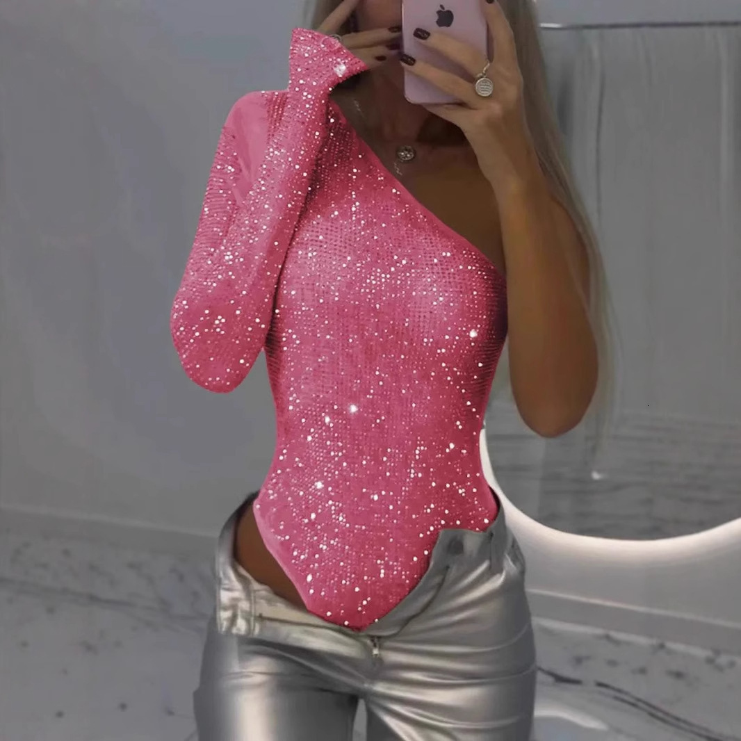 2026 Designer Luxury Spring Summer European And American Wish Hot Girl Sexy One-shoulder Tight Rhinestone Sequin Top