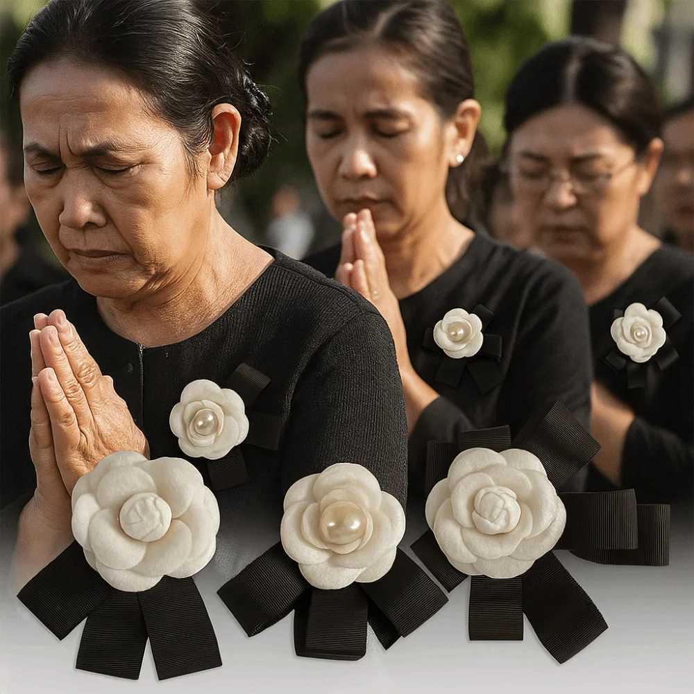 Camellia Flower Bow Knot Brooch Black White Velvet Ribbon Camellia Bow Brooch Mourning Accessories Flower Brooch Wedding Party Z260401