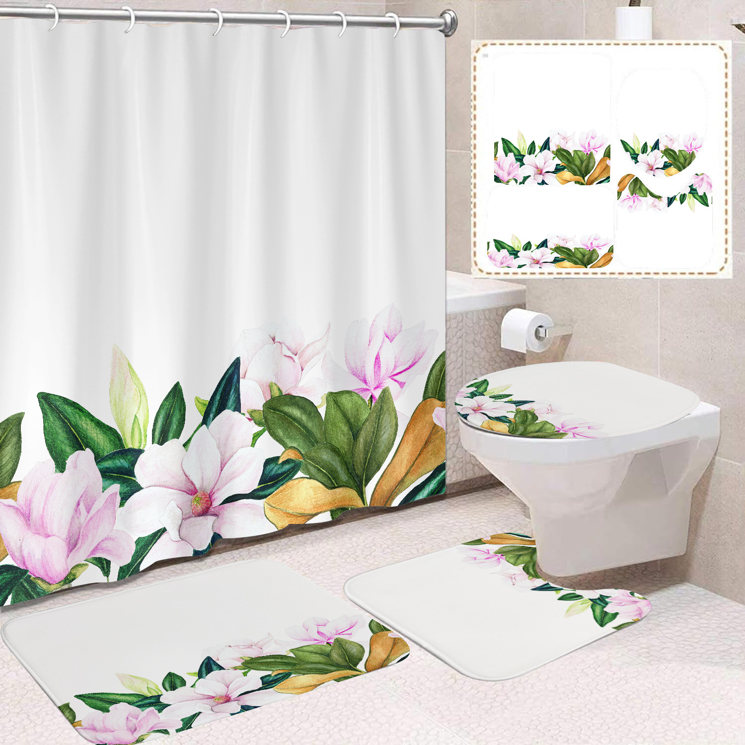 YL-38419 Floral Shower Curtain and Mat Set (4 Pieces) - Bathroom Dry and Wet Separation, Toilet Isolation Curtain, Modern Minimalist Style