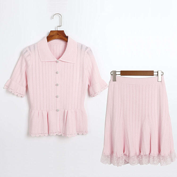 Designer Sweet Style Knitted Set with Collar and Waist Tightened Hollow Short Sleeve Cardigan and Lace k30 Splicing Long Skirt 2026