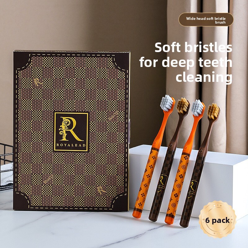 Toothbrush Royalead Luxury Adult 6 Piece Set Home Use Light Luxury Gift Box Wide Head Soft Bristle Brown Checkerboard Print