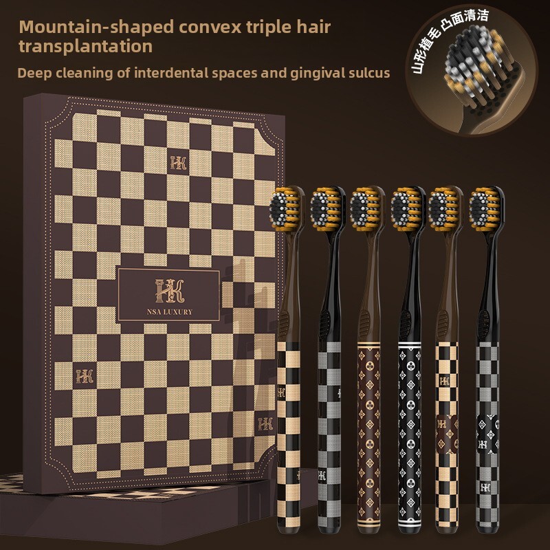 Toothbrushes 6 Piece Gift Box Set Light Luxury Mountain Shaped Soft Bristle Surface Comfortable Teeth Cleaning Suitable For Adults And Couples Checker