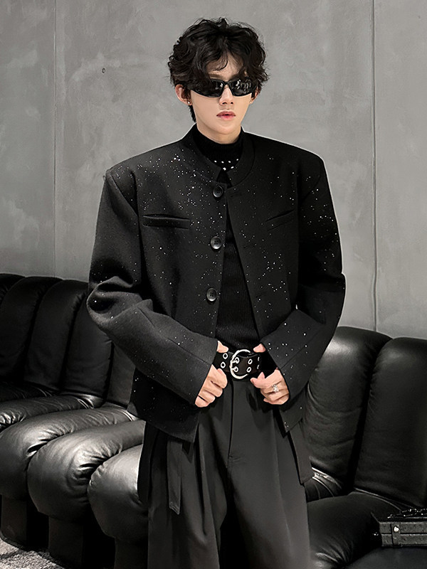 Highend shoulderpadded short blazer for men spring and autumn made of silvercoated wool stylish standup collar jacket suitable for and stylish 240904