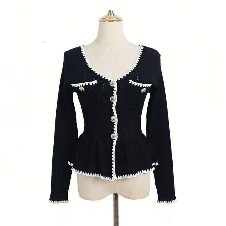 Spring designer knitted V-neck contrasting border pleated waistband cardigan high k30 waisted fishtail skirt small fragrance style clothing