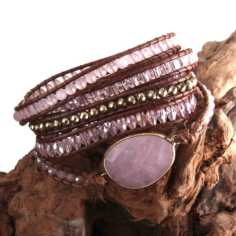 RH Fashion Leather Boho Armbander Green Mixed Natural Stones Charm 5 Strands Beaded Wrap Bracelets Drop 260318BJ - view 3
