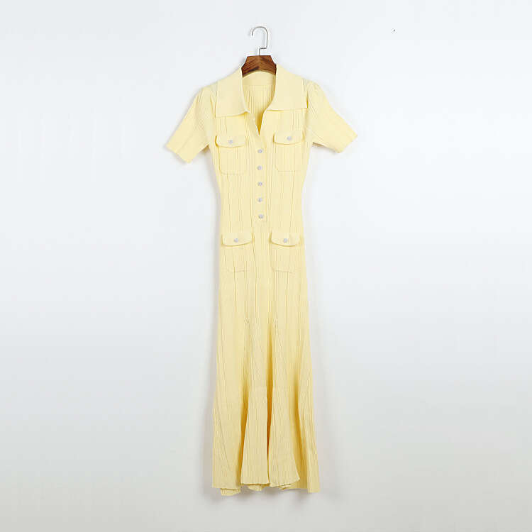Designer solid color short sleeved lapel knitted pleated long skirt k30 for women, ribbed elastic long dress