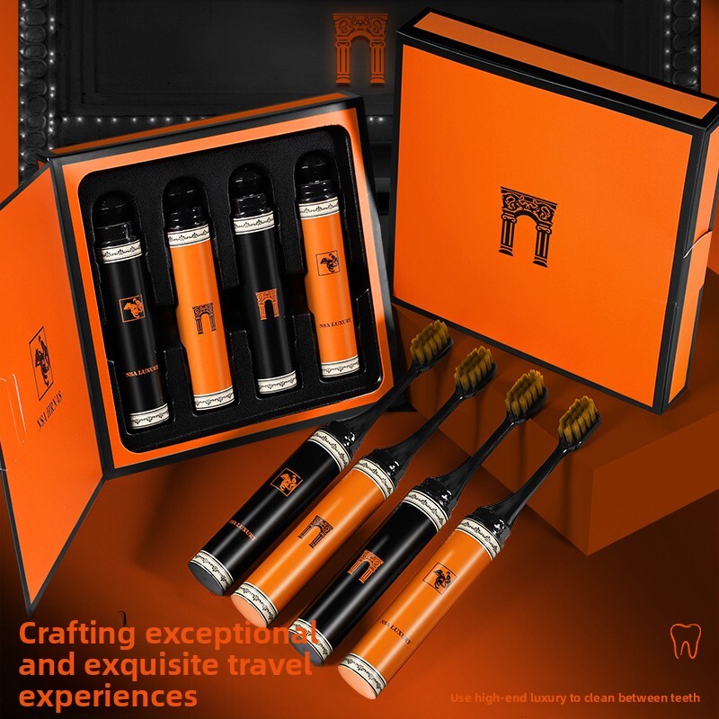 Toothbrush Lipstick Foldable Soft Bristle Luxury Orange Business Travel Home Couple Set High End Men Women Gift Box