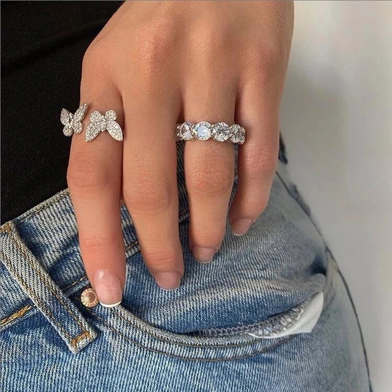 designer Jewelry Rings New European American style full-diamond open double butterfly zircon fashionable and versatile women's ring cross-border 