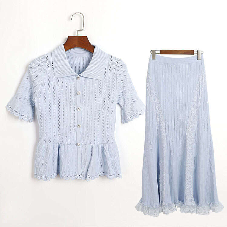 Designer Sweet Style Knitted Set with Collar and Waist Tightened Hollow Short Sleeve Cardigan and Lace k30 Splicing Long Skirt 2026