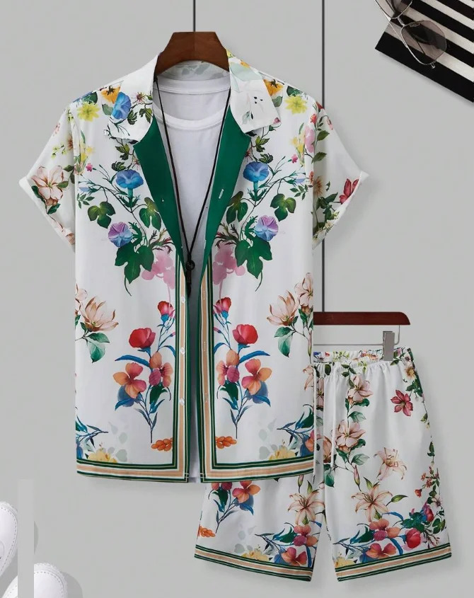 Hawaiian Shirt Set Men 3D Printed Blue White Porcelain Pattern Summer Fashion Casual Daily Oversized Shirtshorts 2 Piece 260331