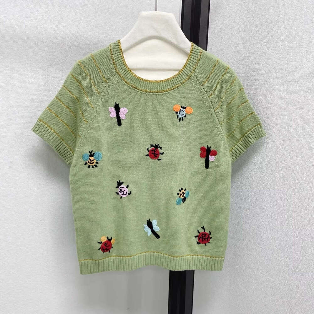 2026 Spring and Summer New Designer High end Round k30 Neck Color Cartoon Embroidery Fashion Short sleeved Knitted Shirt