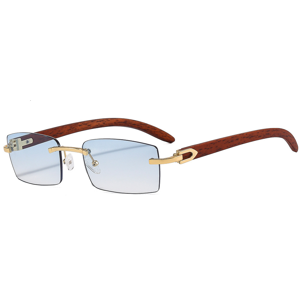 Trendy Wooden Leg Frameless Retro Women Ocean Lens Small Square Frame Sunglasses for Men Optical Glasses