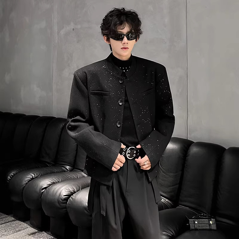 Highend shoulderpadded short blazer for men spring and autumn made of silvercoated wool stylish standup collar jacket suitable for and stylish 240904