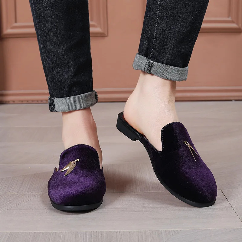 Fashion Men Velvet Tassels Half Slippers Loafer Male Casual Purple Green Blue Black Mules Moccasins Breathable Driving Shoes 260331