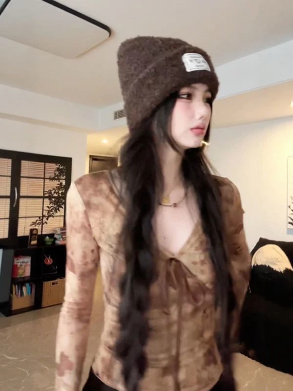 Streetwear Trendy Harajuku Fluffy Womens Tops Bandage Grunge Y2k Aesthetic Sexy Coats Fashion Chic Slim Vintage Print Cardigans 240808