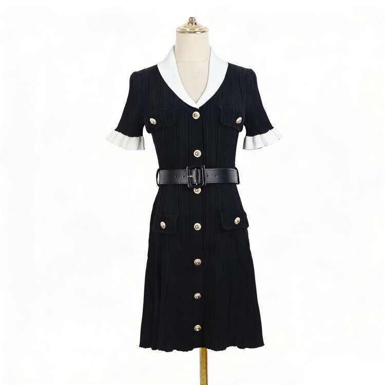Summer new designer knitted contrasting collar, pleated cuffs, single breasted waistband, k30 fresh and elegant women's dress